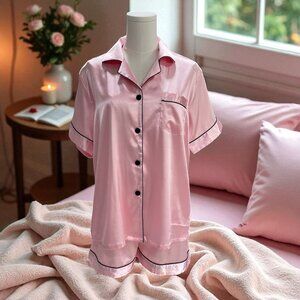 Pink Satin Pajama Set Womens Medium Coquette Soft Girl Sleepwear Loungewear Cute